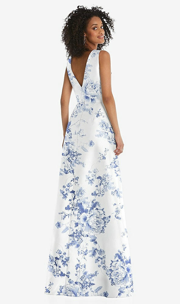 Back View - Cottage Rose Larkspur Jewel Neck Asymmetrical Shirred Bodice Floral Satin Maxi Dress