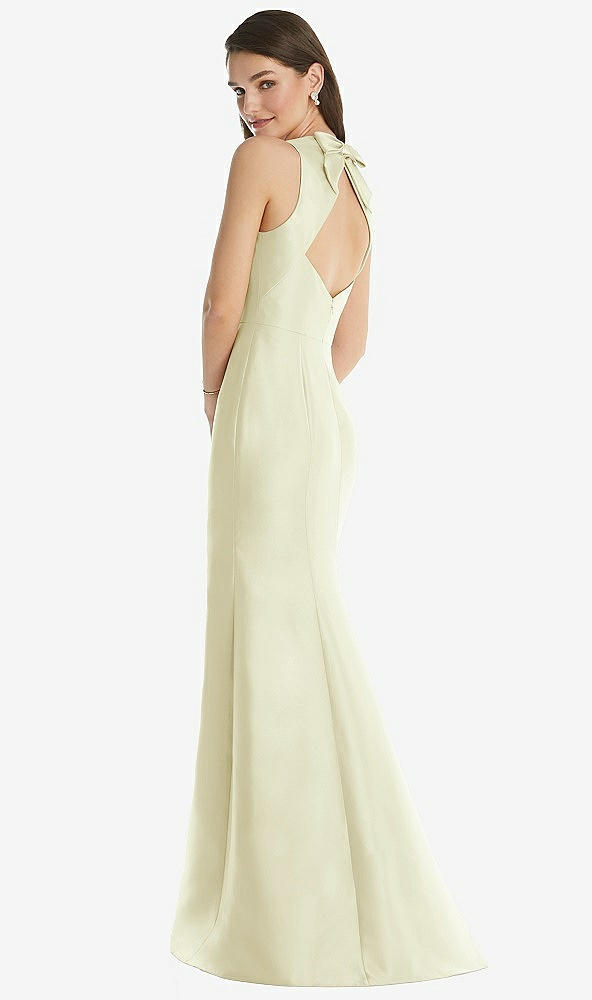 Back View - Butter Yellow Jewel Neck Bowed Open-Back Trumpet Dress 