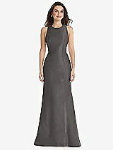Front View Thumbnail - Caviar Gray Jewel Neck Bowed Open-Back Trumpet Dress 