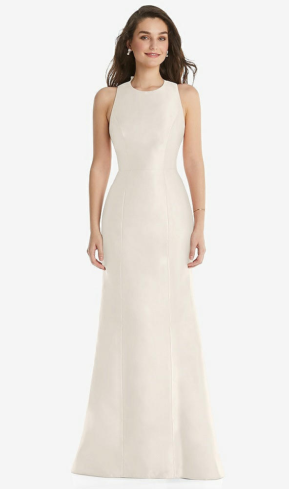 Front View - Ivory Jewel Neck Bowed Open-Back Trumpet Dress 
