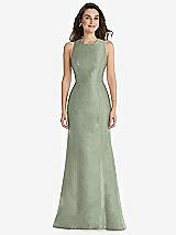 Front View Thumbnail - Sage Jewel Neck Bowed Open-Back Trumpet Dress 