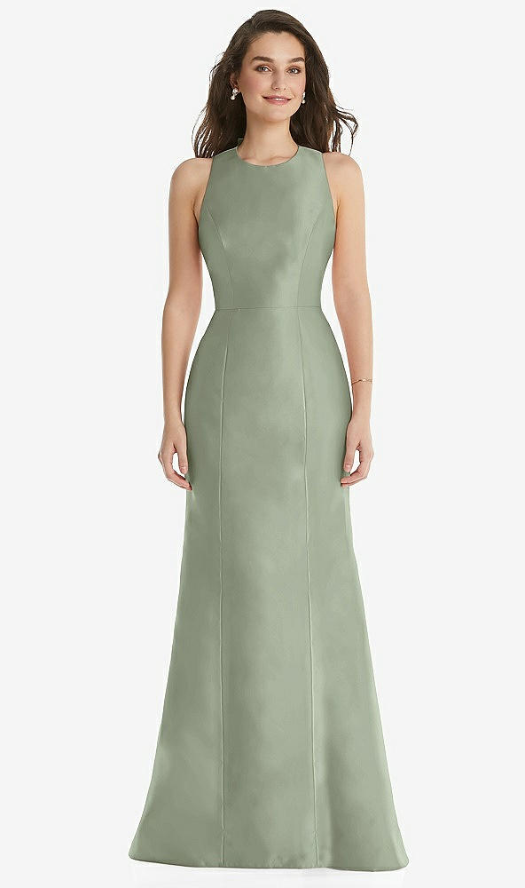 Front View - Sage Jewel Neck Bowed Open-Back Trumpet Dress 