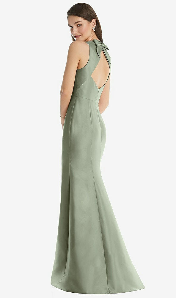 Back View - Sage Jewel Neck Bowed Open-Back Trumpet Dress 