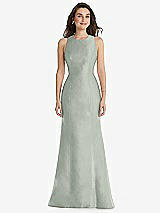 Front View Thumbnail - Willow Green Jewel Neck Bowed Open-Back Trumpet Dress 