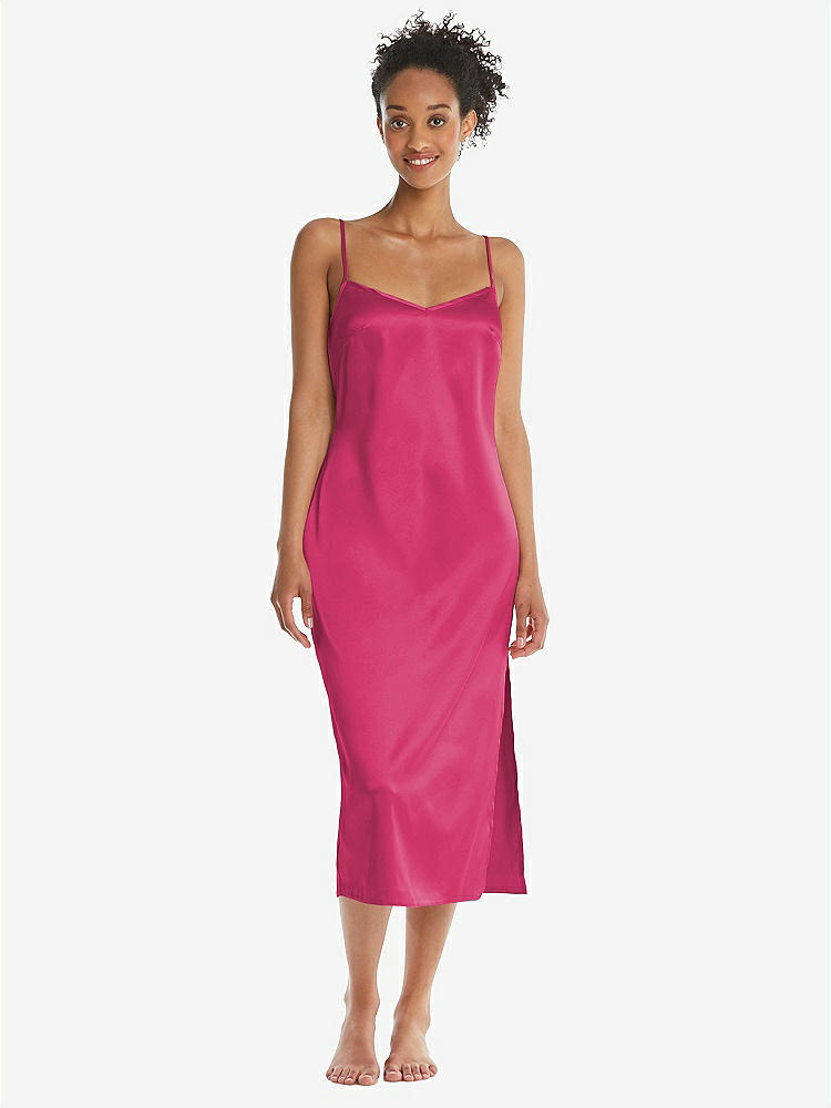 Front View - Shocking  Midi Stretch Satin Slip with Adjustable Straps - Asley