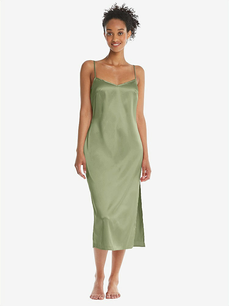 Front View - Kiwi  Midi Stretch Satin Slip with Adjustable Straps - Asley