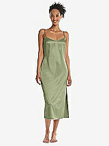 Front View Thumbnail - Kiwi  Midi Stretch Satin Slip with Adjustable Straps - Asley