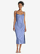 Front View Thumbnail - Periwinkle - PANTONE Serenity  Midi Stretch Satin Slip with Adjustable Straps - Asley