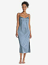 Front View Thumbnail - Slate  Midi Stretch Satin Slip with Adjustable Straps - Asley