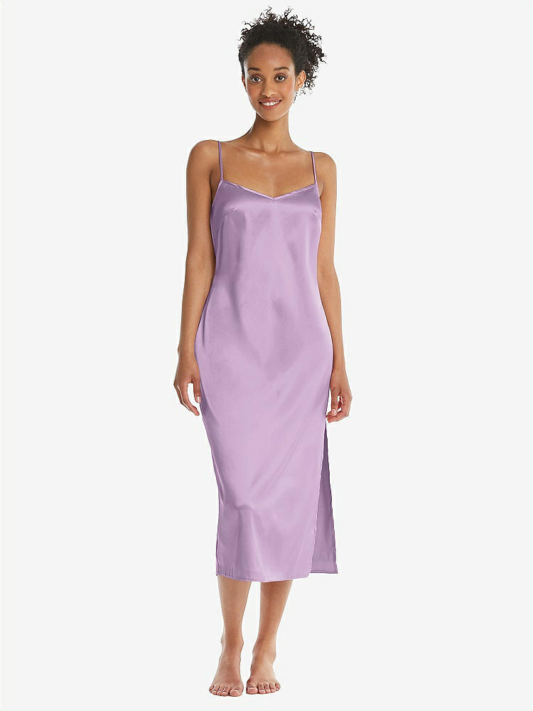 Front View - Wood Violet  Midi Stretch Satin Slip with Adjustable Straps - Asley