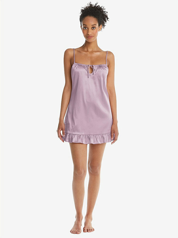 Front View - Suede Rose  Ruffled Hem Mini Stretch Satin Slip with Keyhole Neck - Jordan