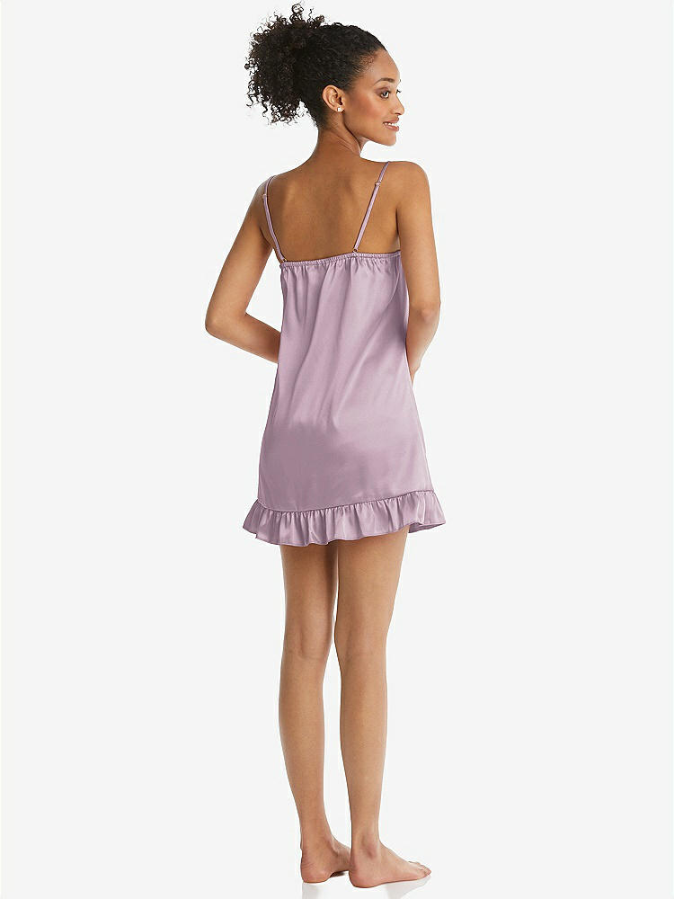 Back View - Suede Rose  Ruffled Hem Mini Stretch Satin Slip with Keyhole Neck - Jordan