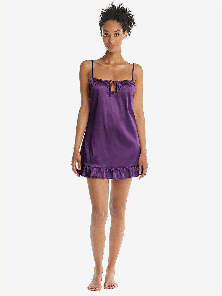 Front View - African Violet  Ruffled Hem Mini Stretch Satin Slip with Keyhole Neck - Jordan