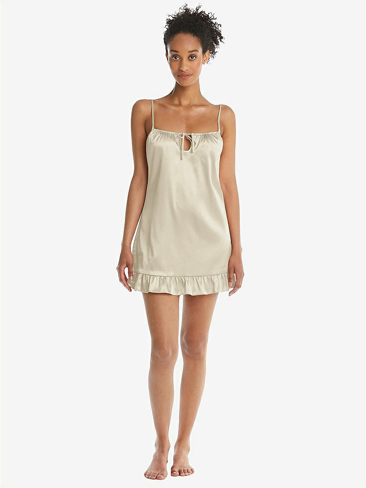 Front View - Champagne  Ruffled Hem Mini Stretch Satin Slip with Keyhole Neck - Jordan