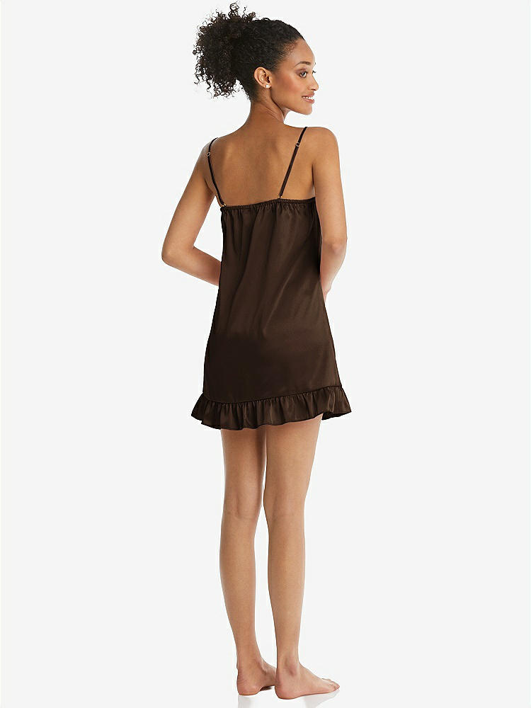 Back View - Espresso  Ruffled Hem Mini Stretch Satin Slip with Keyhole Neck - Jordan