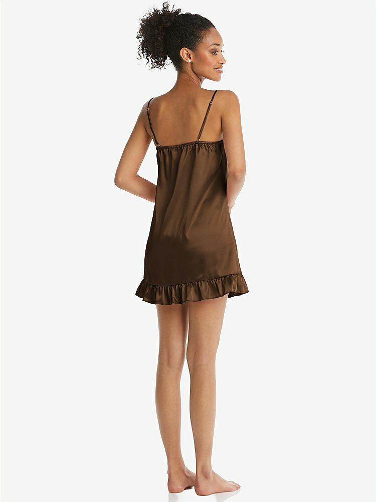 Back View - Latte  Ruffled Hem Mini Stretch Satin Slip with Keyhole Neck - Jordan