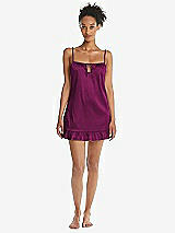 Front View Thumbnail - Merlot  Ruffled Hem Mini Stretch Satin Slip with Keyhole Neck - Jordan