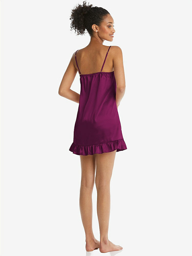 Back View - Merlot  Ruffled Hem Mini Stretch Satin Slip with Keyhole Neck - Jordan