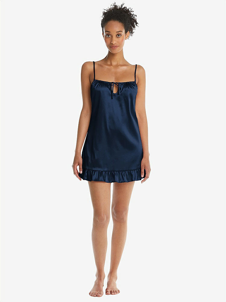 Front View - Midnight Navy  Ruffled Hem Mini Stretch Satin Slip with Keyhole Neck - Jordan