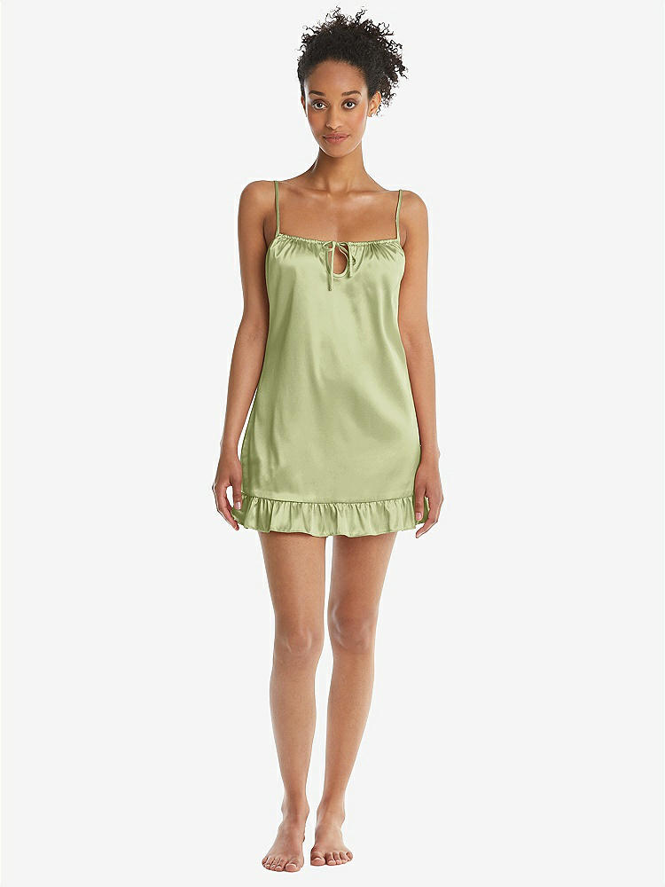 Front View - Mint  Ruffled Hem Mini Stretch Satin Slip with Keyhole Neck - Jordan