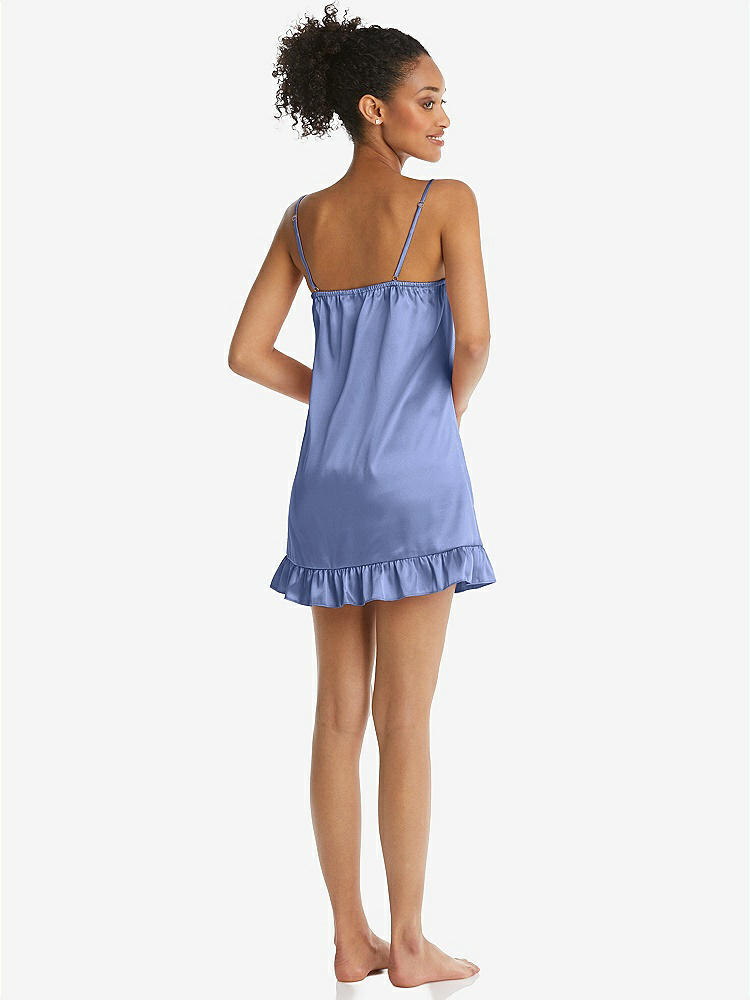 Back View - Periwinkle - PANTONE Serenity  Ruffled Hem Mini Stretch Satin Slip with Keyhole Neck - Jordan