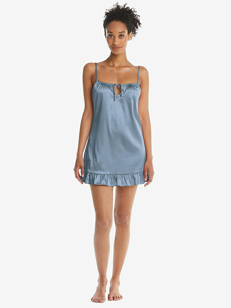 Front View - Slate  Ruffled Hem Mini Stretch Satin Slip with Keyhole Neck - Jordan