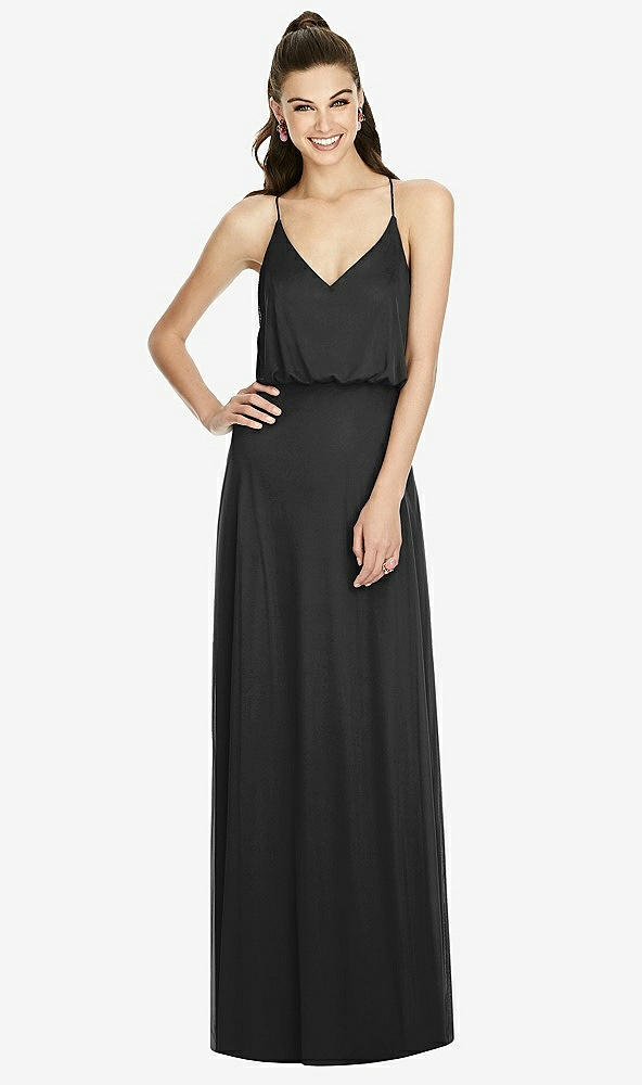 Front View - Black Inverted V-Back Blouson A-Line Maxi Dress