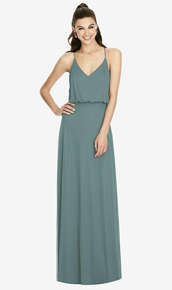 Front View - Smoke Blue Inverted V-Back Blouson A-Line Maxi Dress
