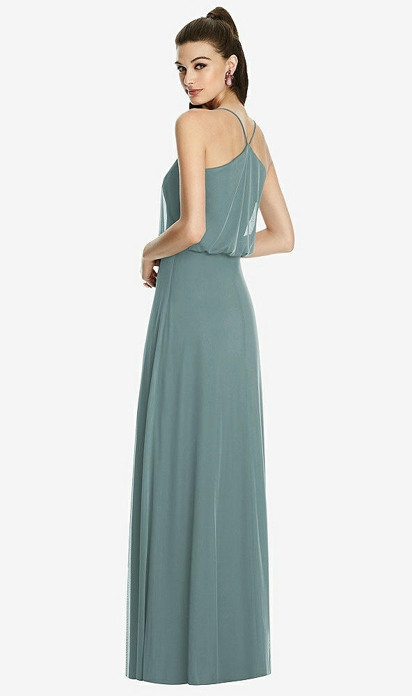 Back View - Smoke Blue Inverted V-Back Blouson A-Line Maxi Dress