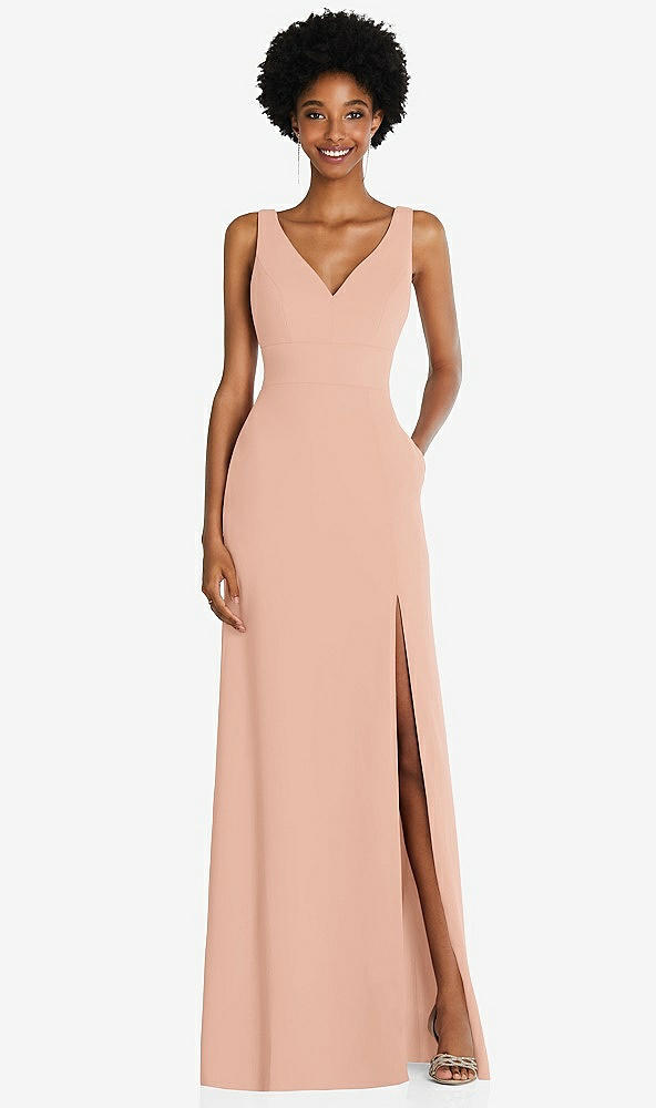 Front View - Pale Peach Square Low-Back A-Line Dress with Front Slit and Pockets