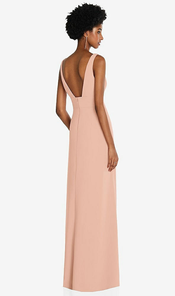 Back View - Pale Peach Square Low-Back A-Line Dress with Front Slit and Pockets
