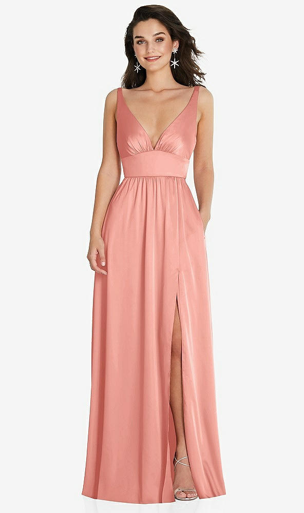 Front View - Rose Deep V-Neck Shirred Skirt Maxi Dress with Convertible Straps