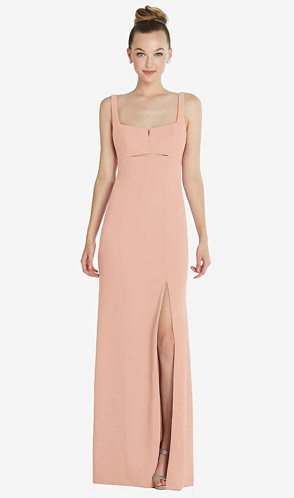 Front View - Pale Peach Wide Strap Slash Cutout Empire Dress with Front Slit