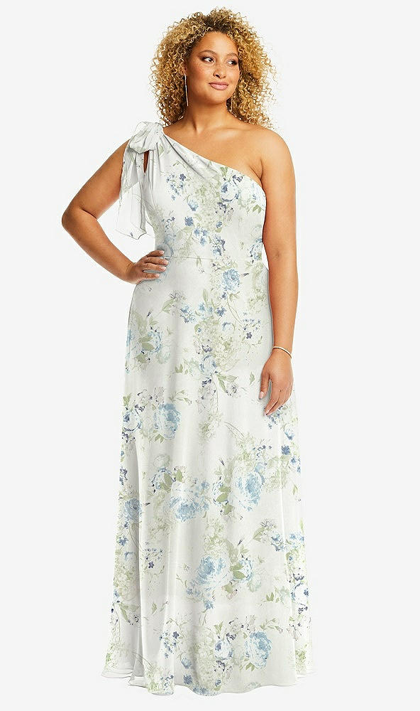 Front View - Bleu Garden Draped One-Shoulder Maxi Dress with Scarf Bow