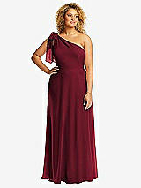 Front View Thumbnail - Burgundy Draped One-Shoulder Maxi Dress with Scarf Bow