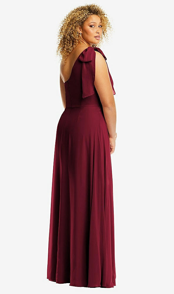 Back View - Burgundy Draped One-Shoulder Maxi Dress with Scarf Bow
