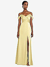 Alt View 1 Thumbnail - Pale Yellow Off-the-Shoulder Flounce Sleeve Empire Waist Gown with Front Slit