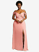 Front View Thumbnail - Rose Off-the-Shoulder Flounce Sleeve Empire Waist Gown with Front Slit