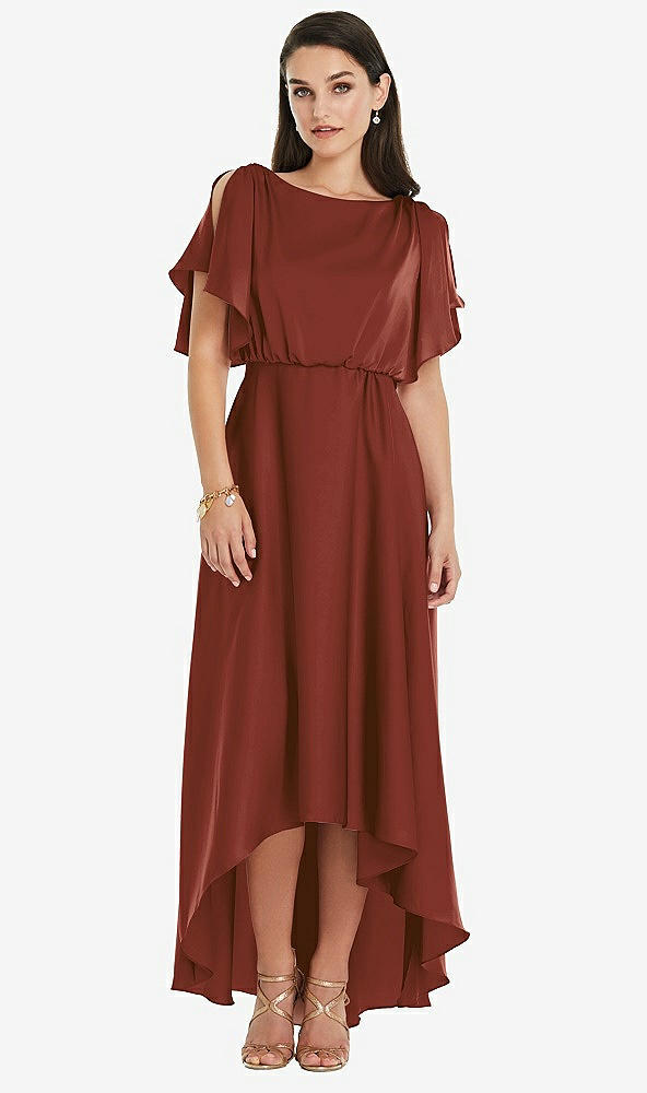 Front View - Auburn Moon Blouson Bodice Deep V-Back High Low Dress with Flutter Sleeves