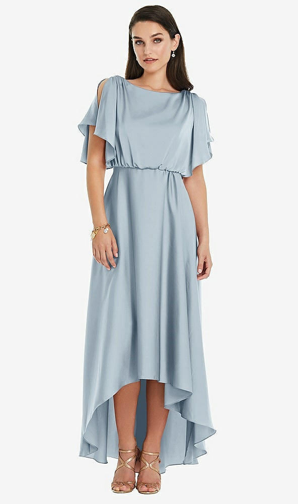 Front View - Mist Blouson Bodice Deep V-Back High Low Dress with Flutter Sleeves