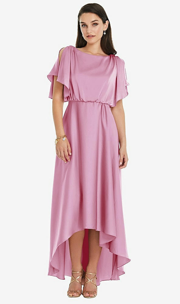 Front View - Powder Pink Blouson Bodice Deep V-Back High Low Dress with Flutter Sleeves