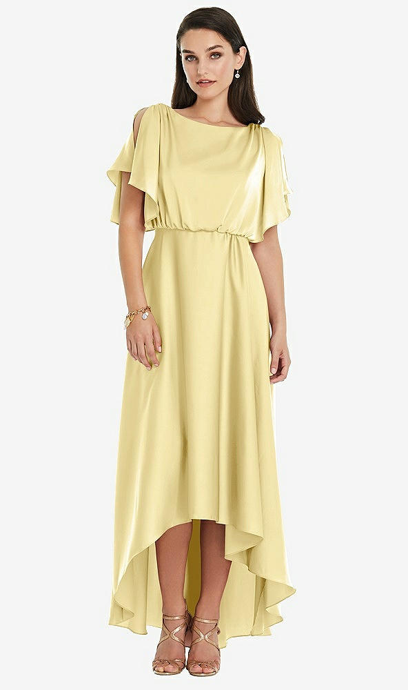 Front View - Pale Yellow Blouson Bodice Deep V-Back High Low Dress with Flutter Sleeves