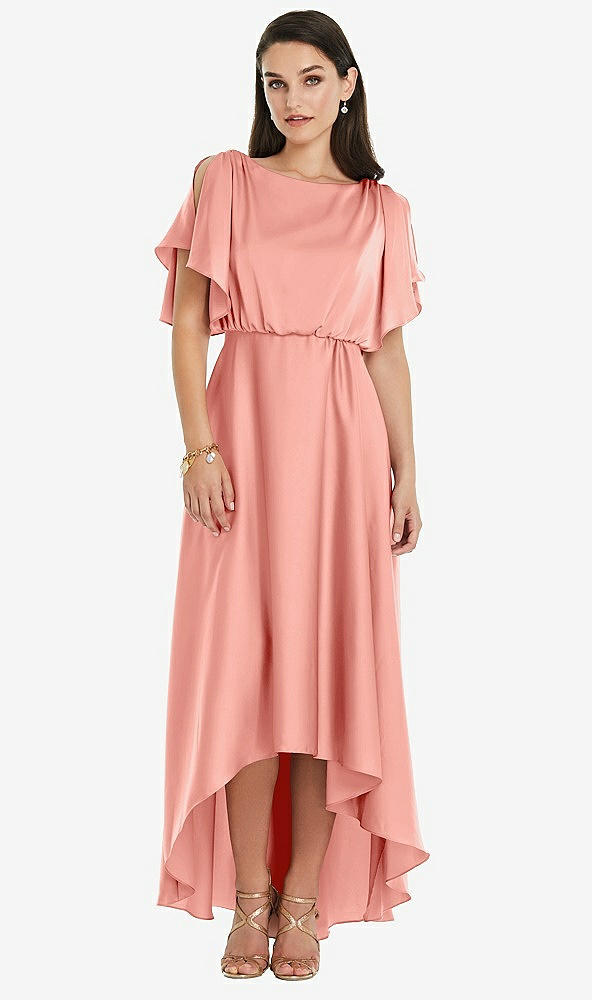 Front View - Rose Blouson Bodice Deep V-Back High Low Dress with Flutter Sleeves