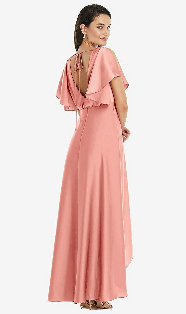 Back View - Rose Blouson Bodice Deep V-Back High Low Dress with Flutter Sleeves