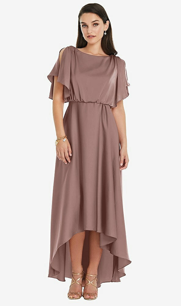 Front View - Sienna Blouson Bodice Deep V-Back High Low Dress with Flutter Sleeves