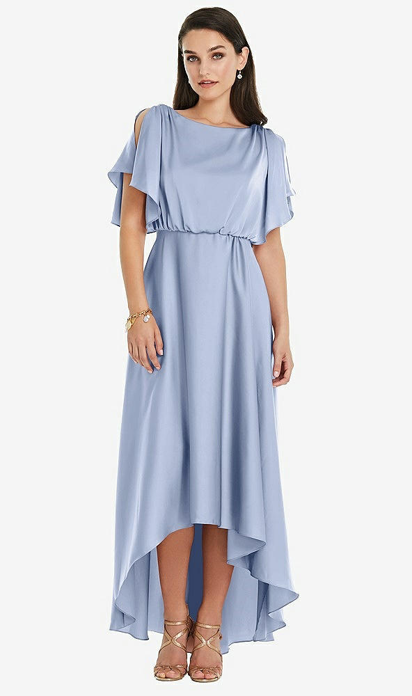 Front View - Sky Blue Blouson Bodice Deep V-Back High Low Dress with Flutter Sleeves