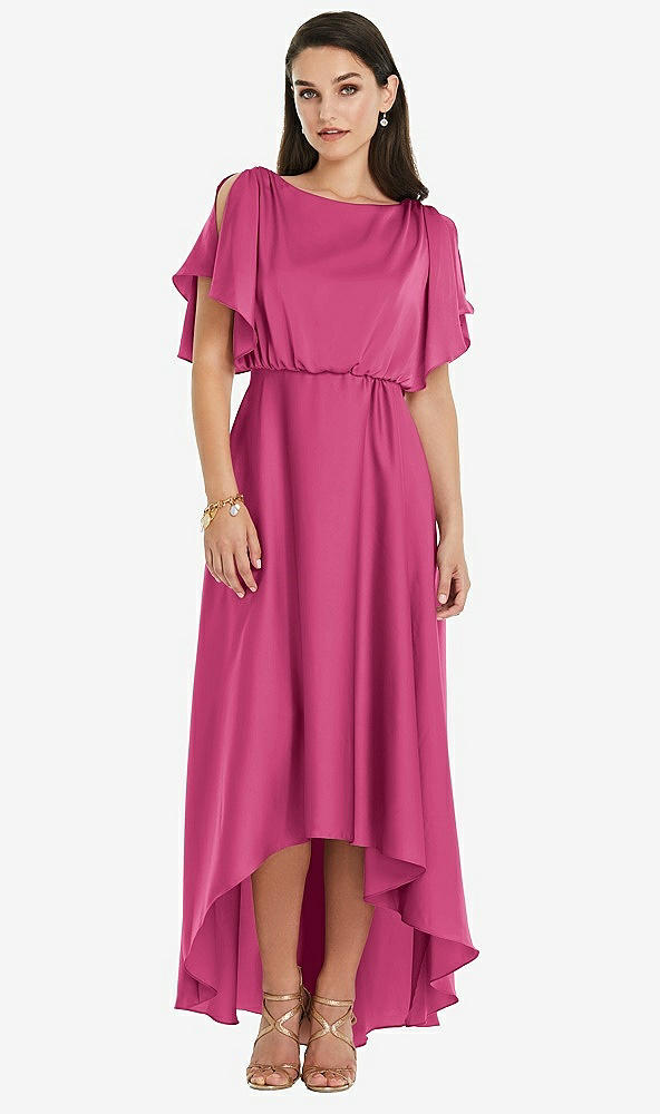 Front View - Tea Rose Blouson Bodice Deep V-Back High Low Dress with Flutter Sleeves