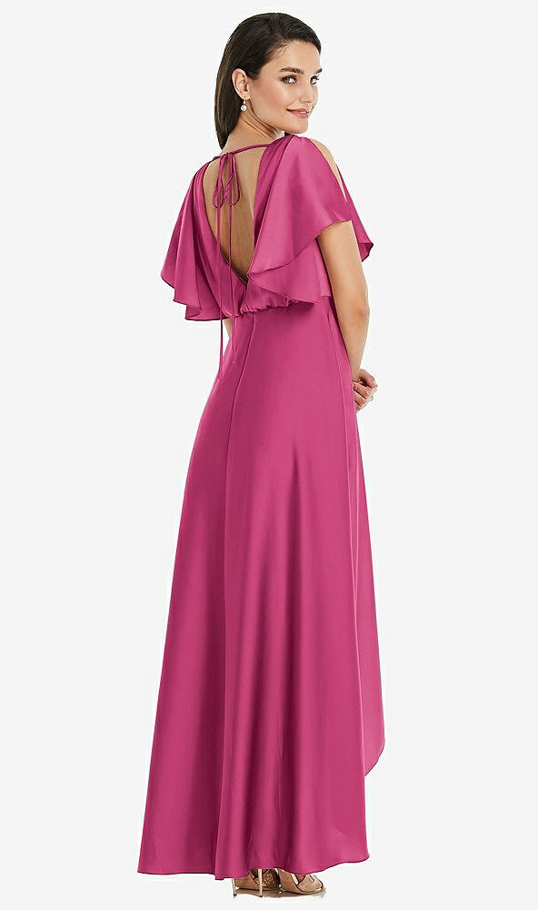 Back View - Tea Rose Blouson Bodice Deep V-Back High Low Dress with Flutter Sleeves