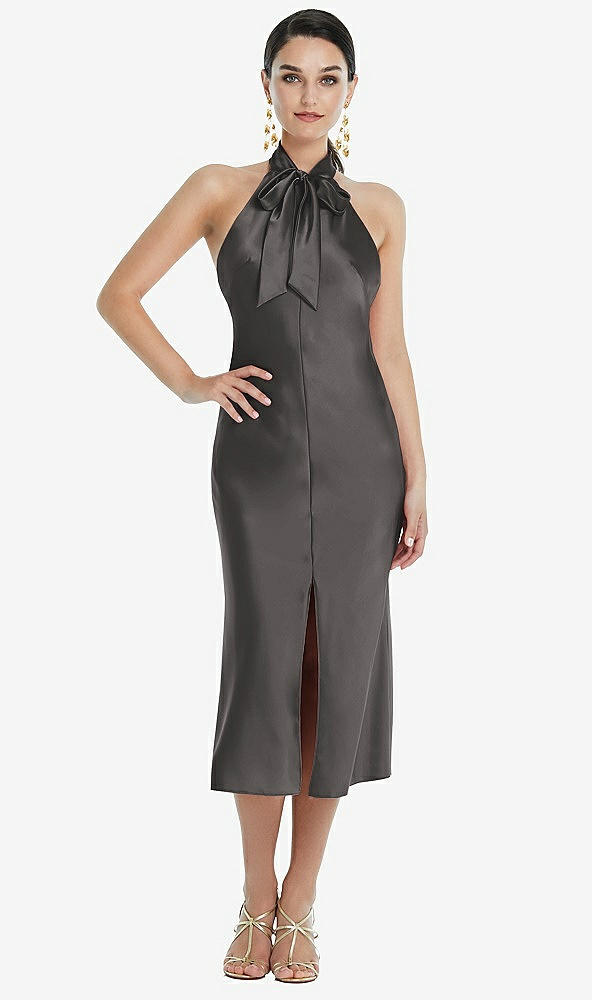 Front View - Caviar Gray Scarf Tie Stand Collar Midi Bias Dress with Front Slit