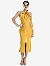 Front View Thumbnail - NYC Yellow Scarf Tie Stand Collar Midi Bias Dress with Front Slit